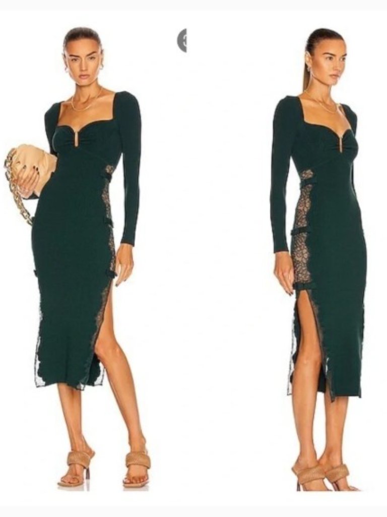 Self-Portrait Forest Ribbed Green Lace Cutout Ribbed Bodycon Midi Dress. Sz M.